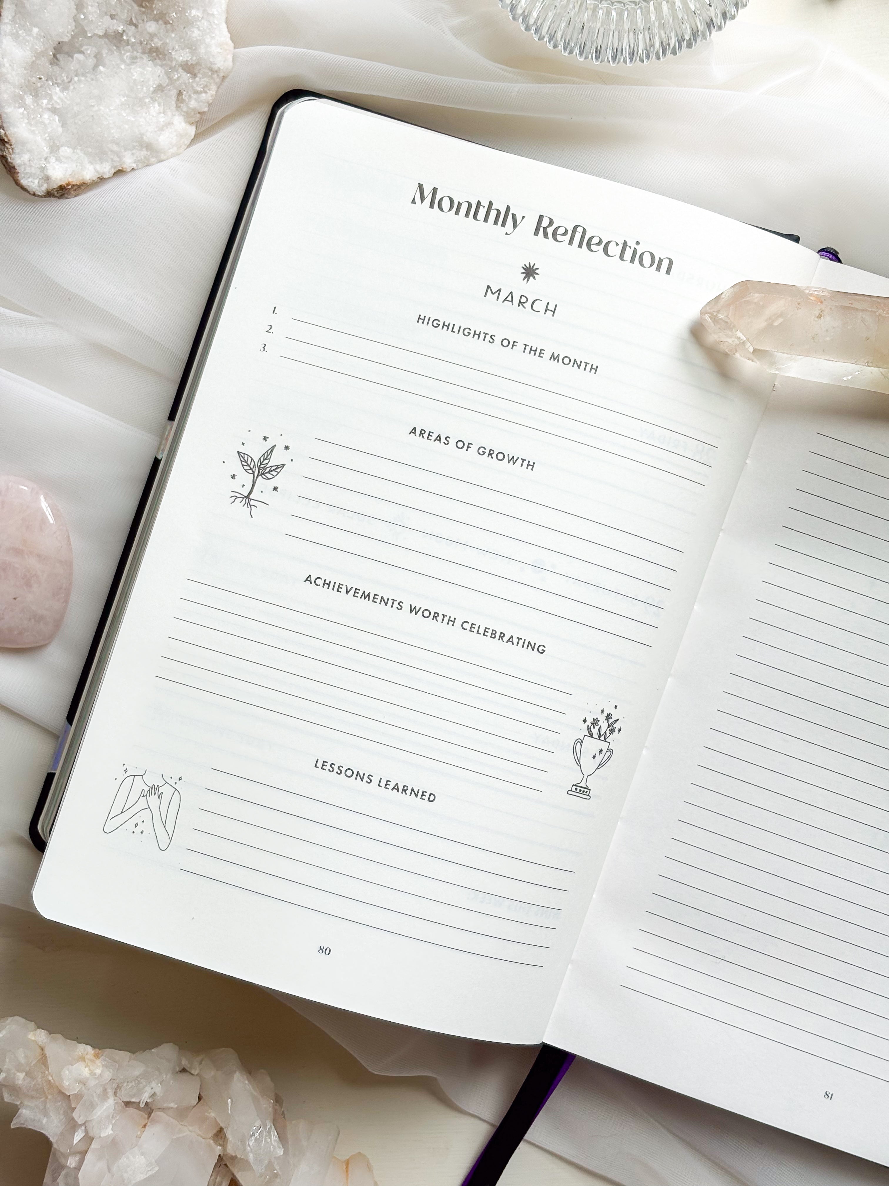 Interior pages of the 2026 planner showing monthly and weekly layouts, goal sections, and intention prompts.