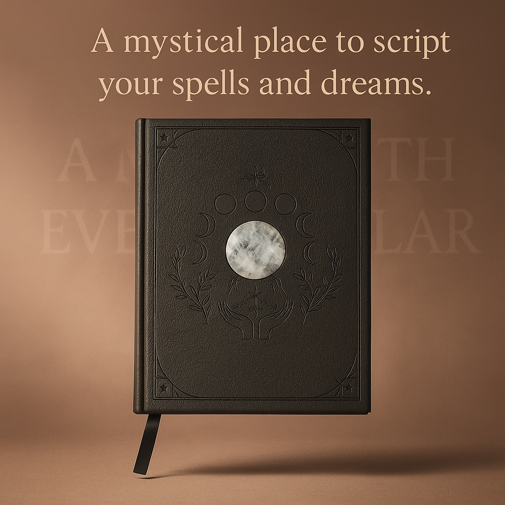 Black leather-bound book with moon design on cover against a brown background