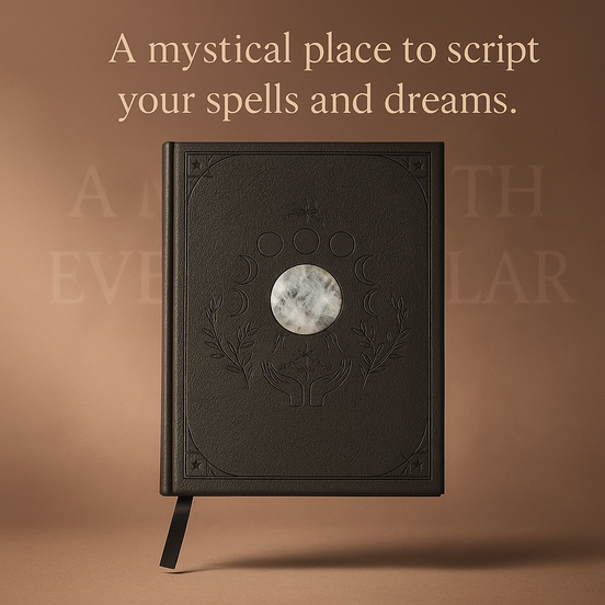 Black leather-bound book with moon design on cover against a brown background