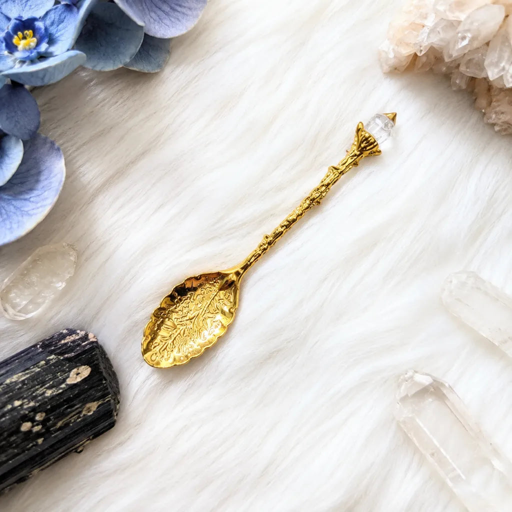 gold crystal spoon for herbs, loose leaf tea, and spiritual rituals