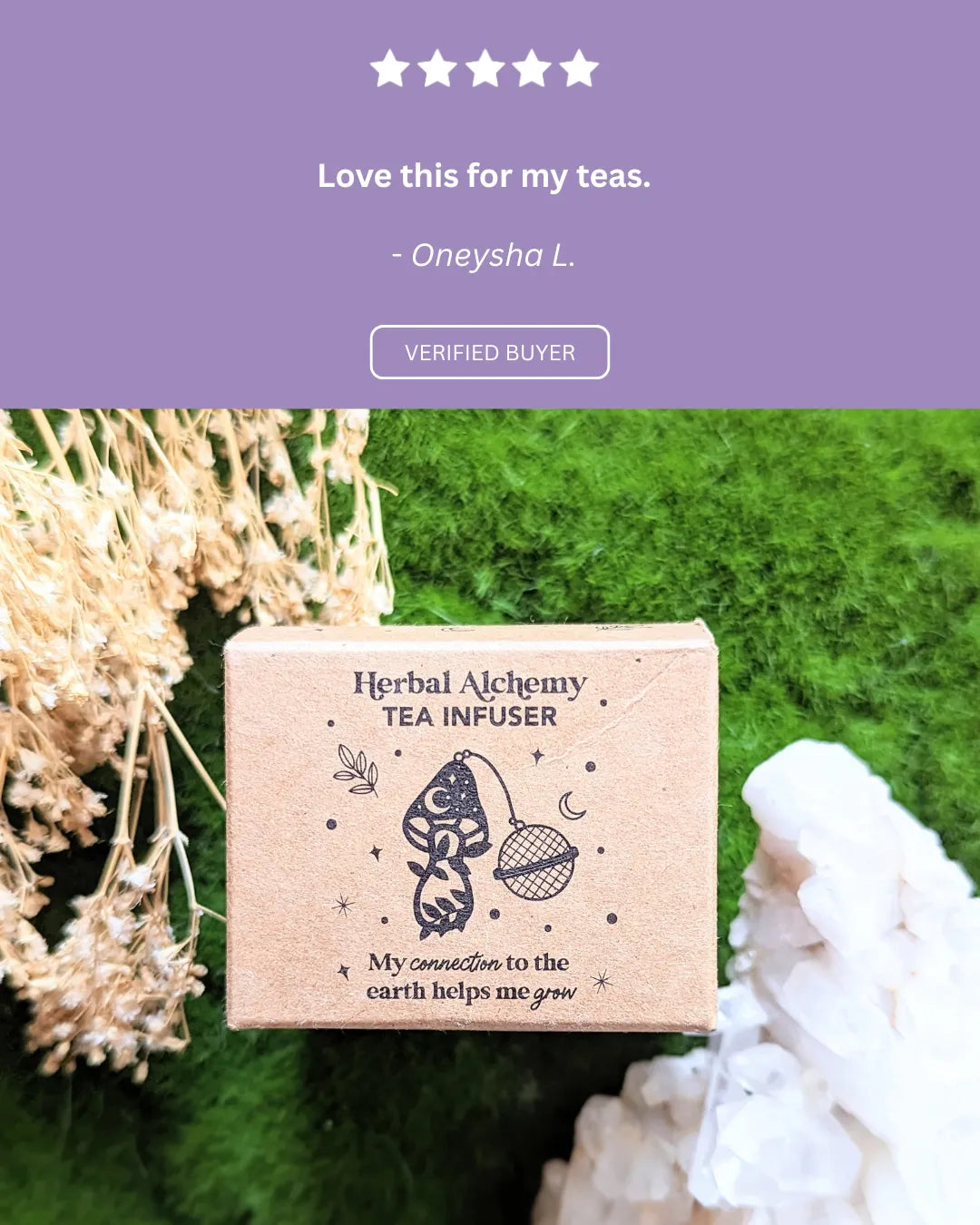 Positive review highlighting the sturdy quality and charming mystical details of the tea infuser.