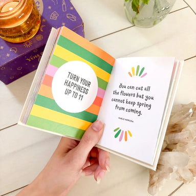 Mini inspirational book titled “Here Comes the Sun” featuring radiant quotes and affirmations.