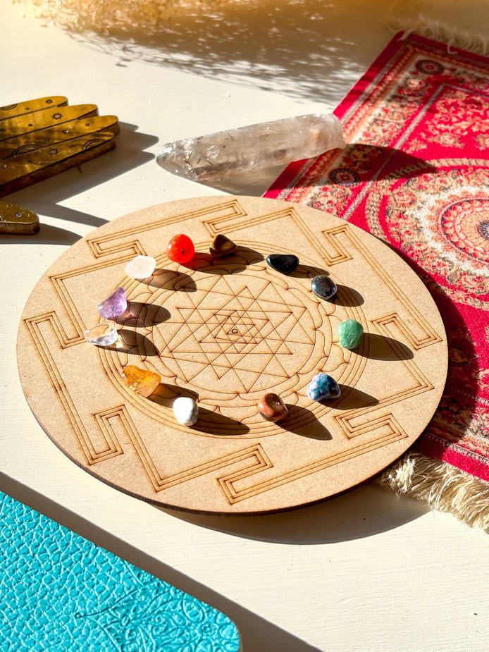 Shri Yantra Crystal Grid Board, 6" Wooden Crystal Grid Plate