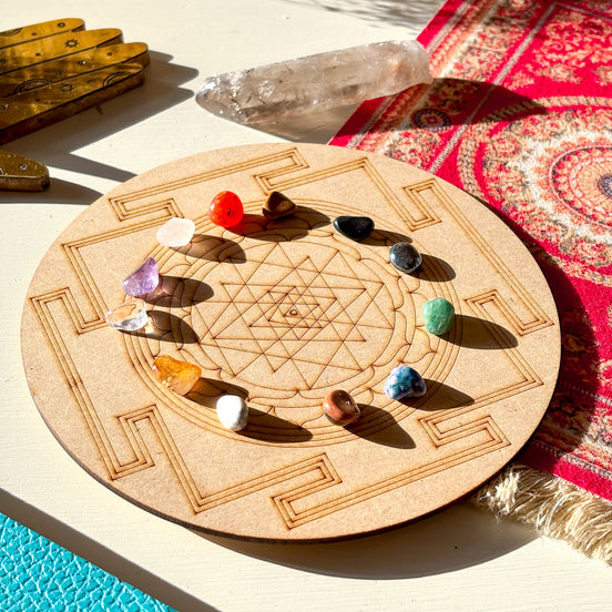Shri Yantra Crystal Grid Board, 6" Wooden Crystal Grid Plate