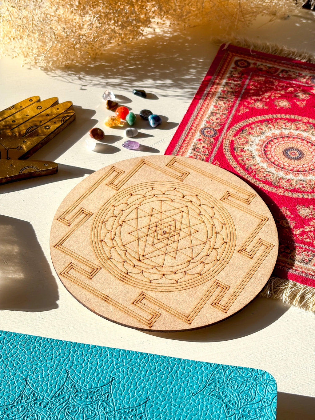 Shri Yantra Crystal Grid Board, 6" Wooden Crystal Grid Plate