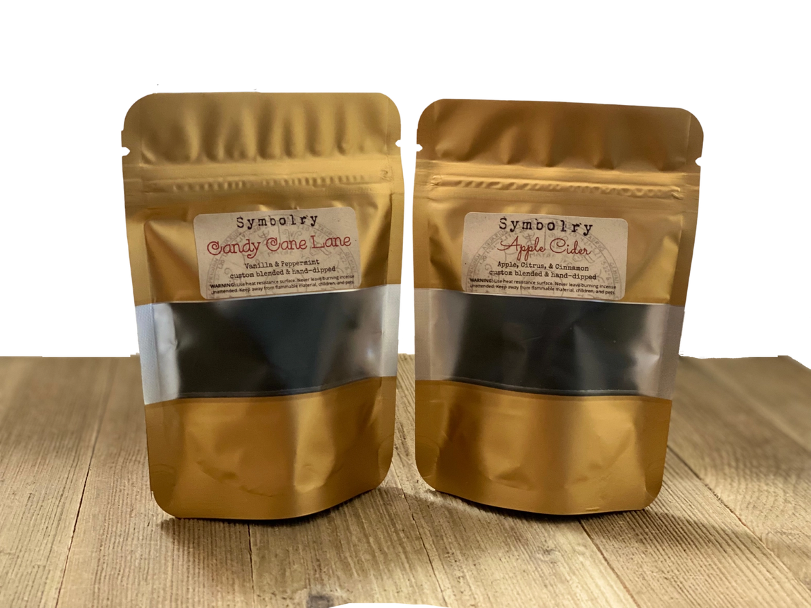 Symbolry vanilla and peppermint incense in gold package.