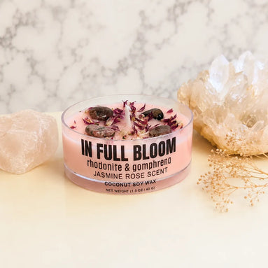 In Full Bloom crystal candle with Rhodonite crystal and Gomphrena flowers for self-love and heart healing