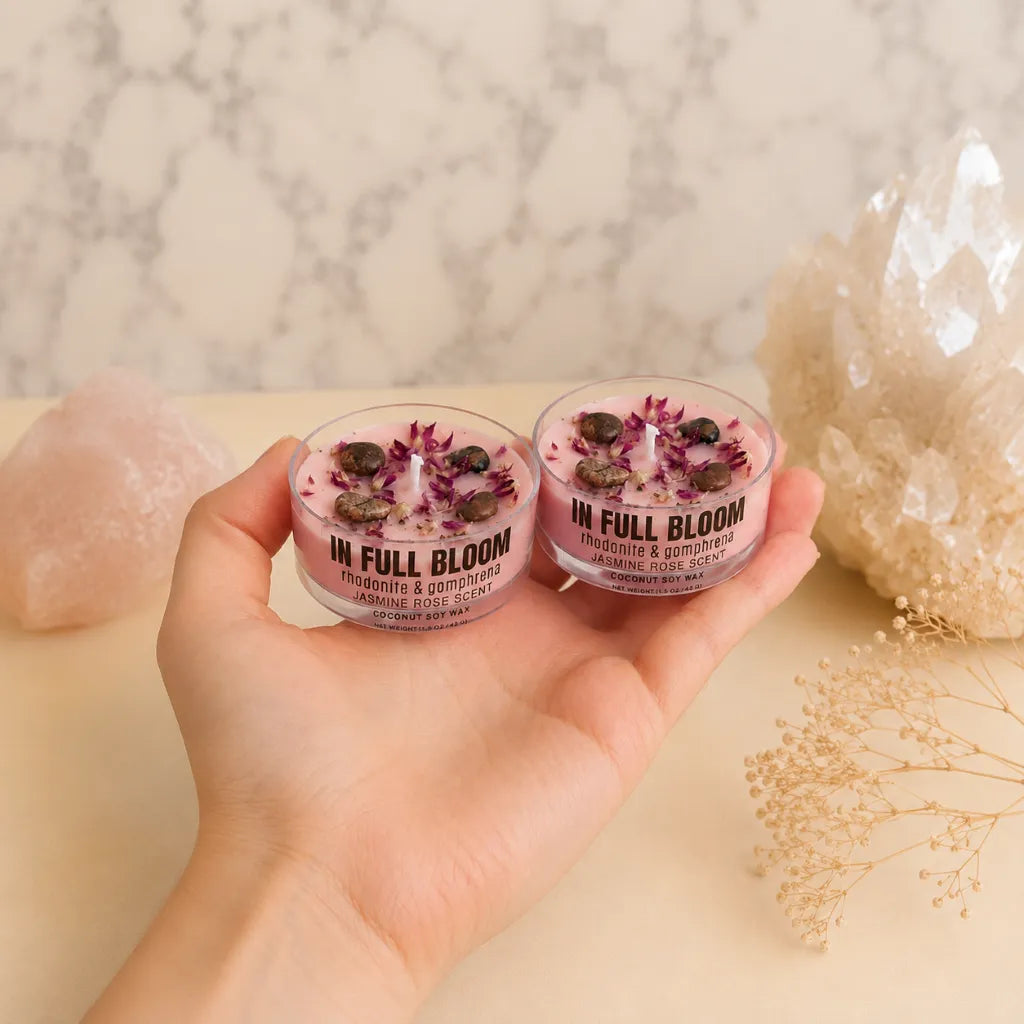 handcrafted Rhodonite and Gomphrena ritual candle with rose and jasmine scent