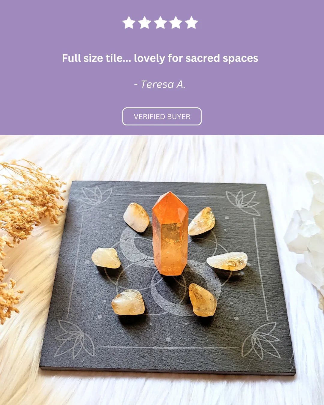 Positive review highlighting the sturdy slate material and beautiful sacred symbolism of the altar tile.