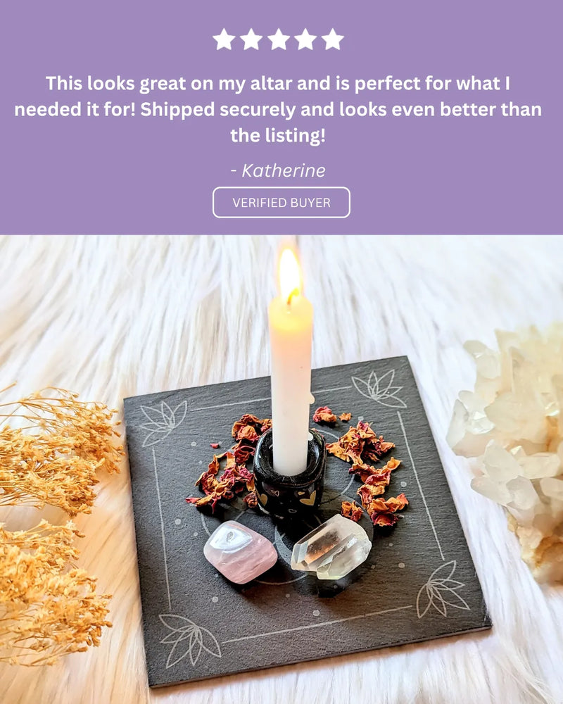 Five-star customer review praising the quality and symbolic design of the Infinite Magic Altar Tile.