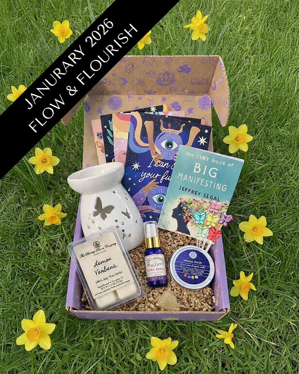 January Flow & Flourish subscription box featuring spiritual tools curated for manifestation, inner trust, and gentle expansion.