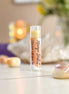 Organic vegan lip balm labeled Juicy Mango Sorbet with tropical mango flavor.