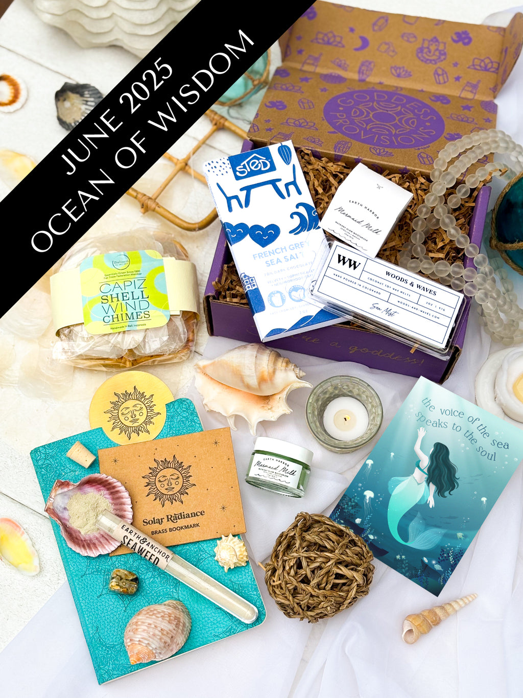 Ocean of Wisdom subscription box featuring ocean-inspired spiritual tools and rituals for peace, cleansing, grounding, and emotional balance.