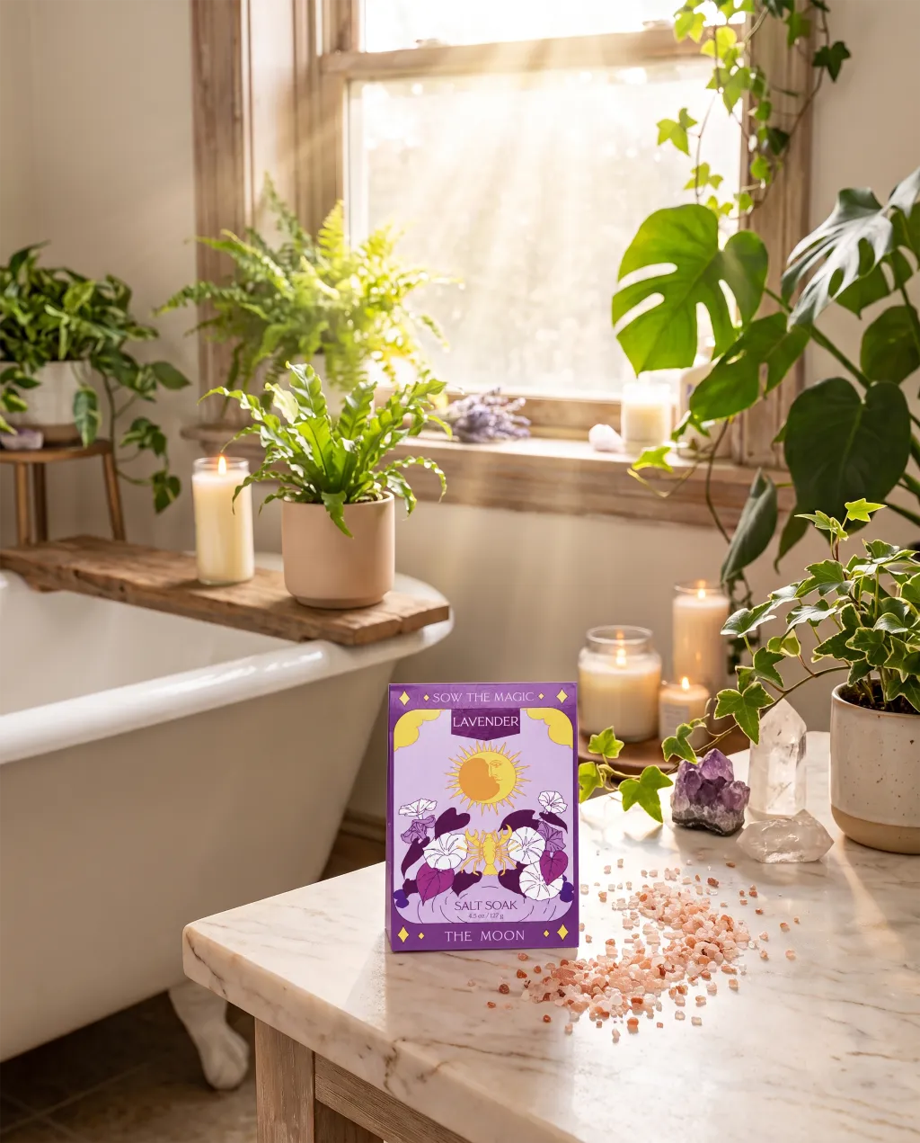 The Moon Salt Soak in Lavender with mineral-rich bath salts for relaxation and reflection