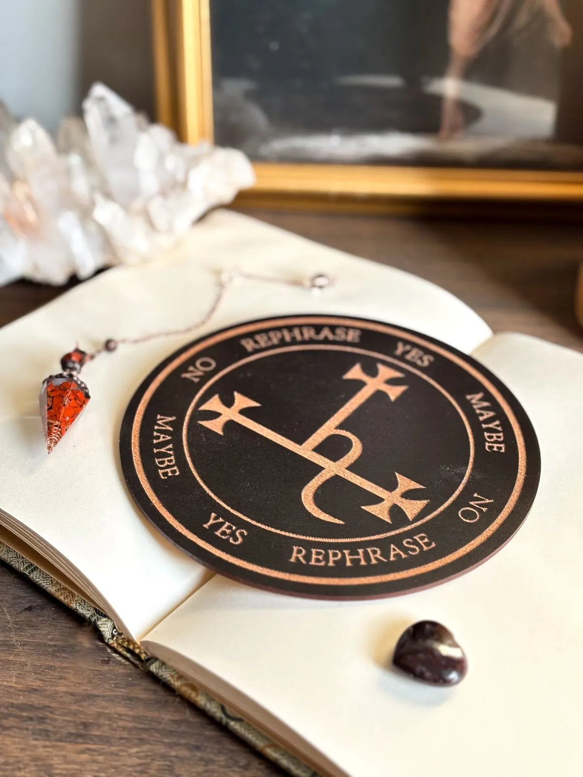 Wooden pendulum board engraved with Lilith sigil for divination and empowerment rituals.”