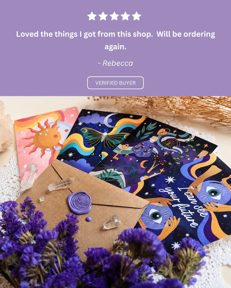 Customer review sharing how the greeting cards are perfect for gifting and decorating a workspace.
