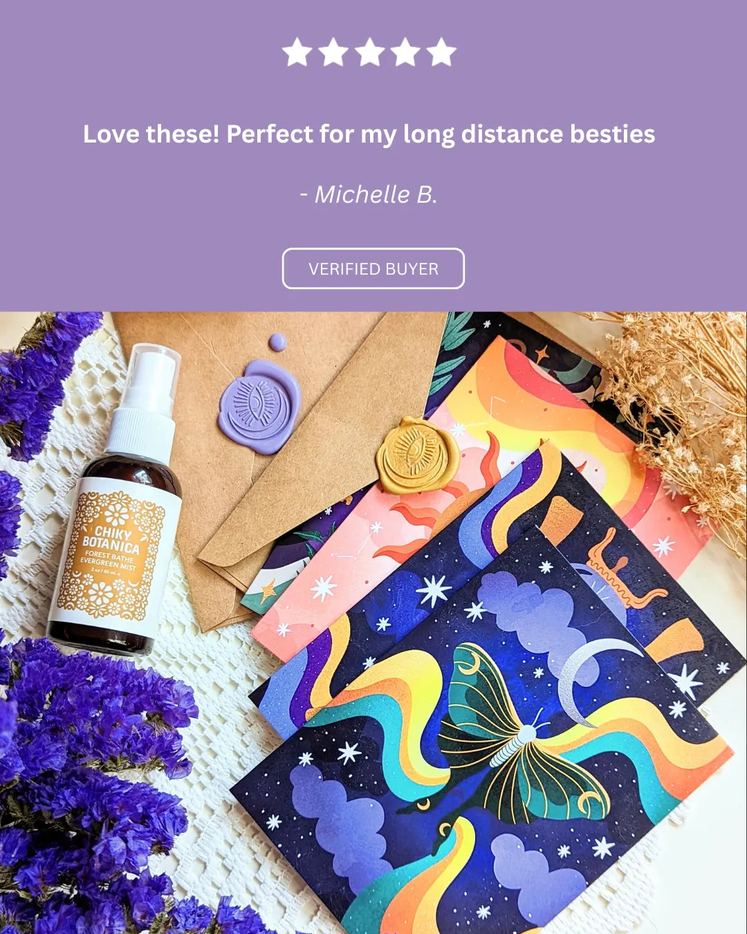 Five-star customer review praising the Magical Memos cards for their beautiful artwork and thoughtful design.