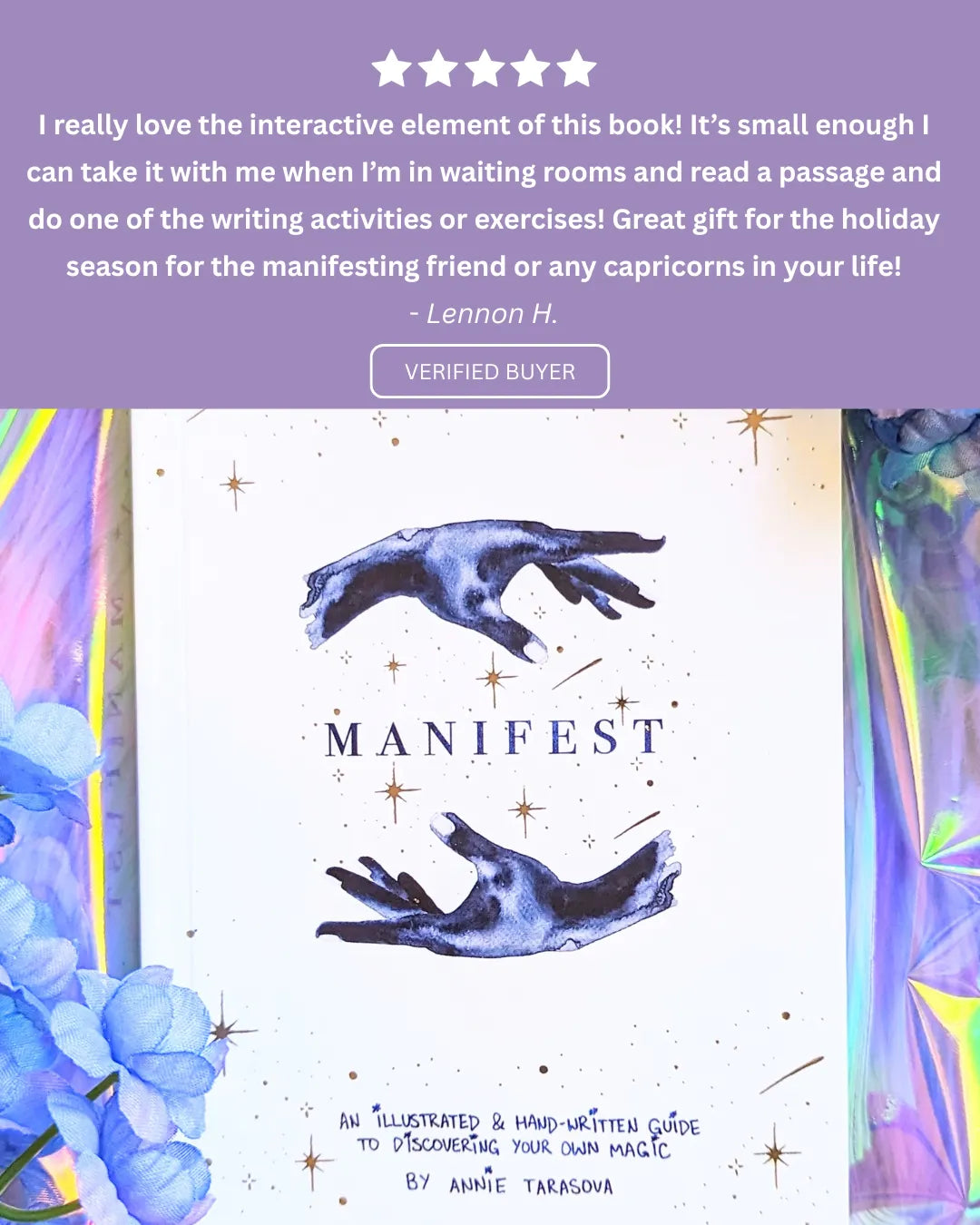 Book titled 'Manifest' with hands reaching towards stars on a colorful background, reviewed by Lennon H.