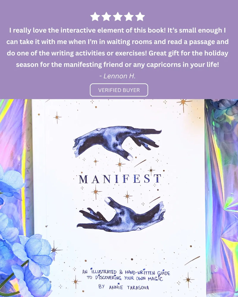 Book titled 'Manifest' with hands reaching towards stars on a colorful background, reviewed by Lennon H.