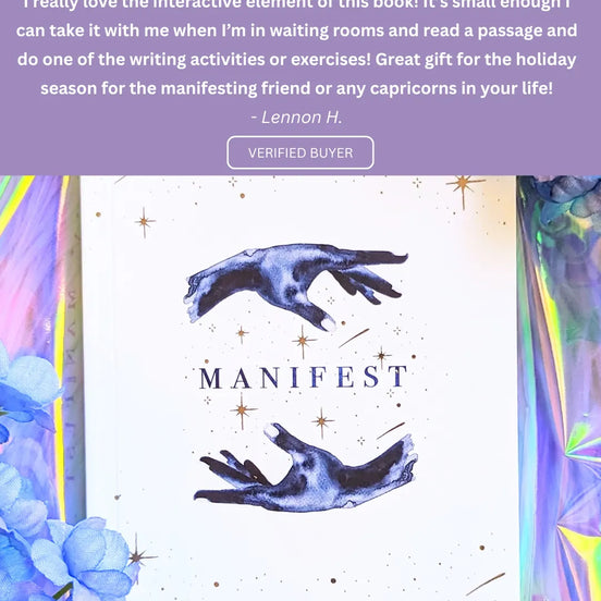 Book titled 'Manifest' with hands reaching towards stars on a colorful background, reviewed by Lennon H.