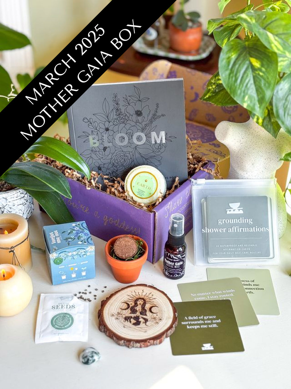 Mother Gaia subscription box with spiritual and self-care tools designed to nurture mindfulness, grounding, and a sacred connection with Mother Earth.