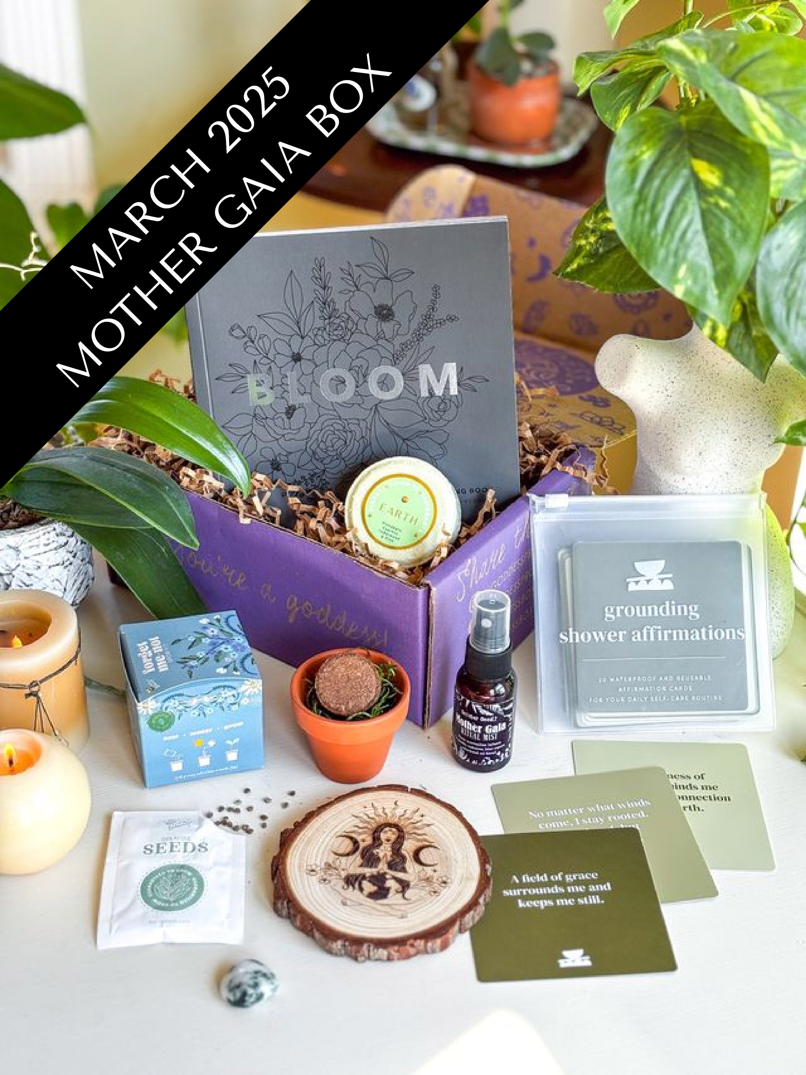 Mother Gaia subscription box with spiritual and self-care tools designed to nurture mindfulness, grounding, and a sacred connection with Mother Earth.