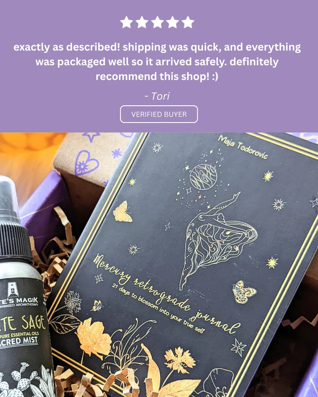 Customer review sharing how the journal helped them stay grounded during Mercury Retrograde.