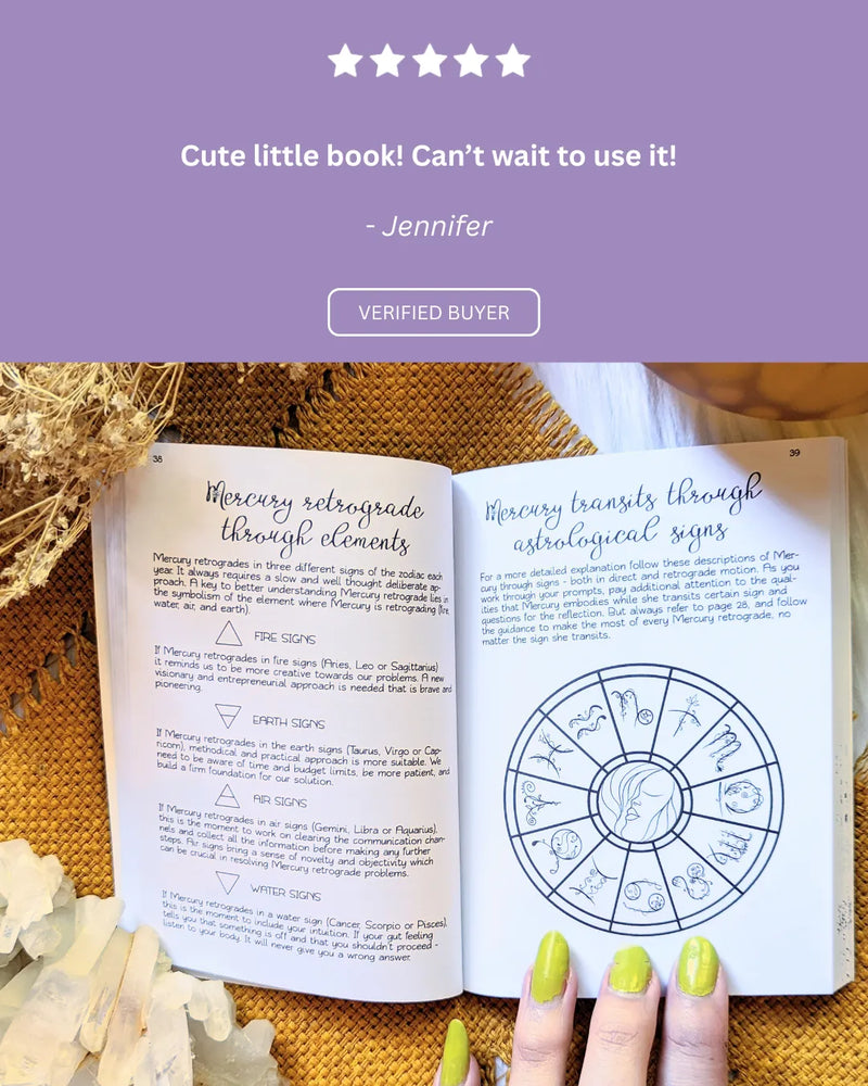 Five-star customer review praising the thoughtful prompts and calming design of the Mercury Retrograde journal.