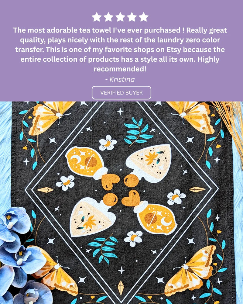Five-star customer review praising the Mystic Nights Tea Towel for its soft fabric and magical design.