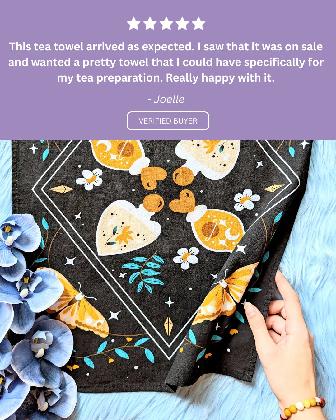 Customer review sharing how the tea towel adds a cozy mystical touch to their kitchen decor.
