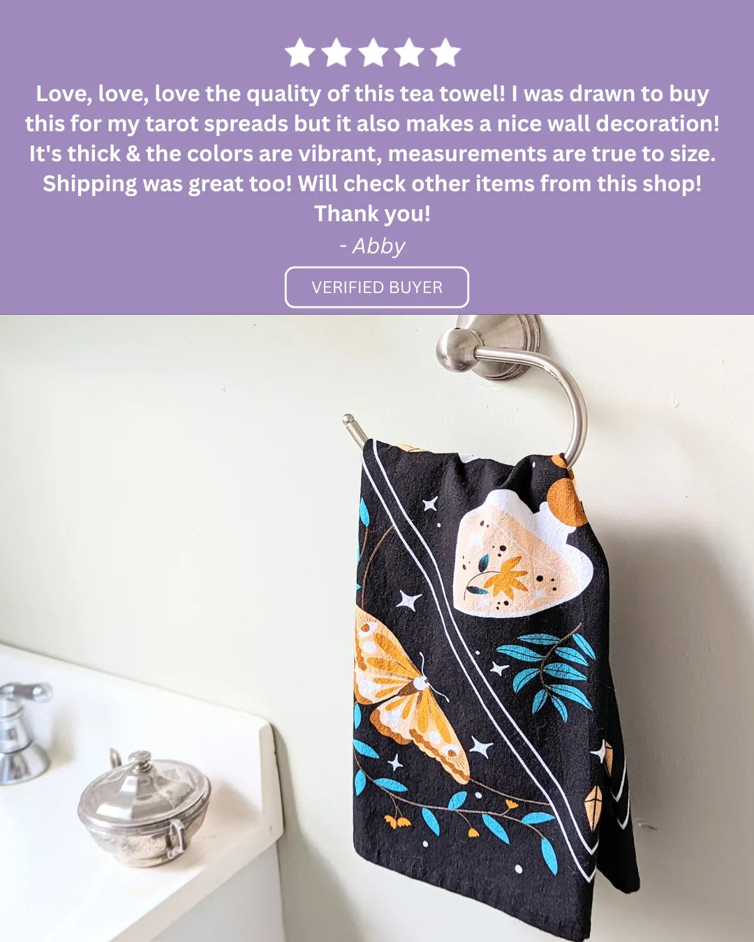Positive review highlighting the quality, versatility, and celestial aesthetic of the tea towel.