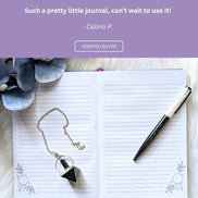 Open notebook with a pen and necklace on a wooden surface, with a five-star rating and customer review on a purple background.