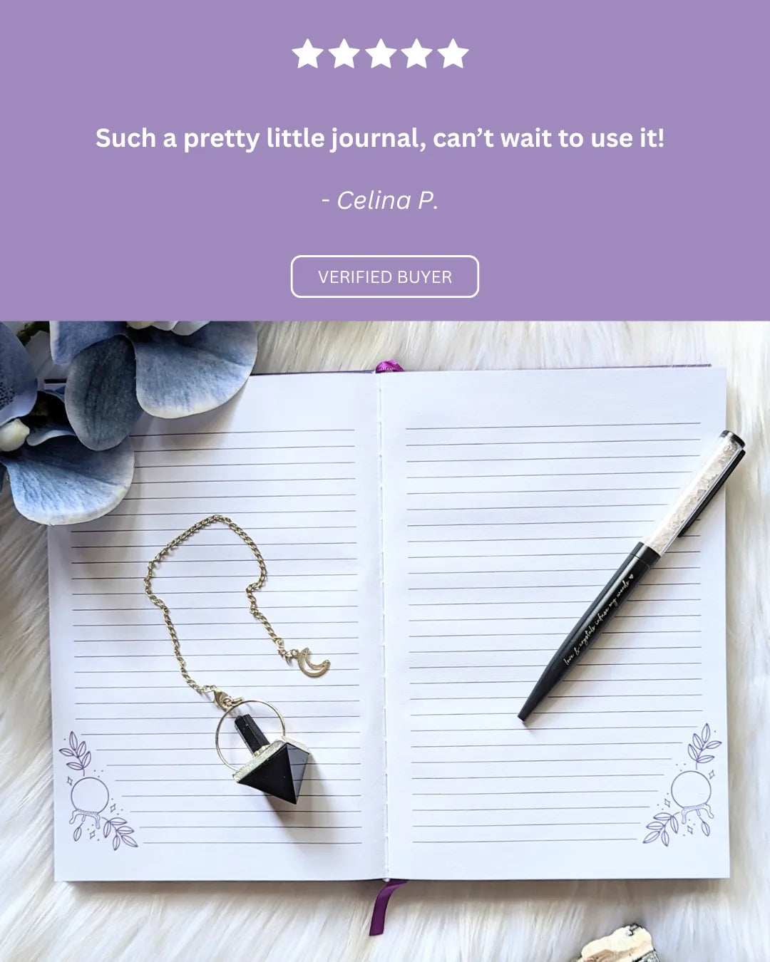 Open notebook with a pen and necklace on a wooden surface, with a five-star rating and customer review on a purple background.