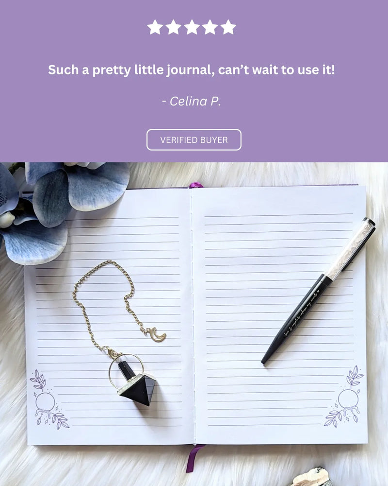 Open notebook with a pen and necklace on a wooden surface, with a five-star rating and customer review on a purple background.