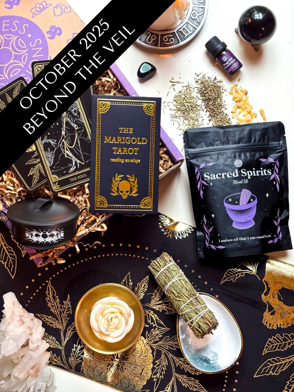 Veil Between Worlds subscription box displayed with spiritual items for ancestral rituals and remembrance.