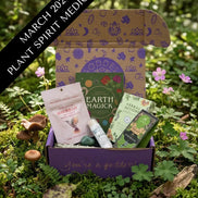 March Plant Spirit Medicine box with herbal tools, crystals, and nature-inspired ritual items.