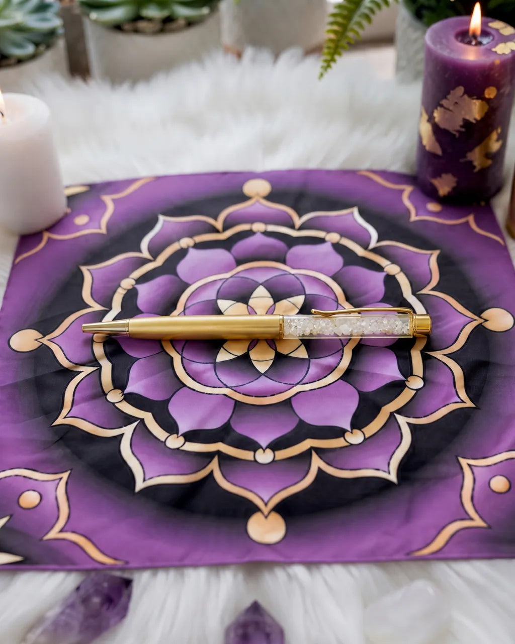 gold gemstone pen with natural crystal chips for journaling and spiritual reflection