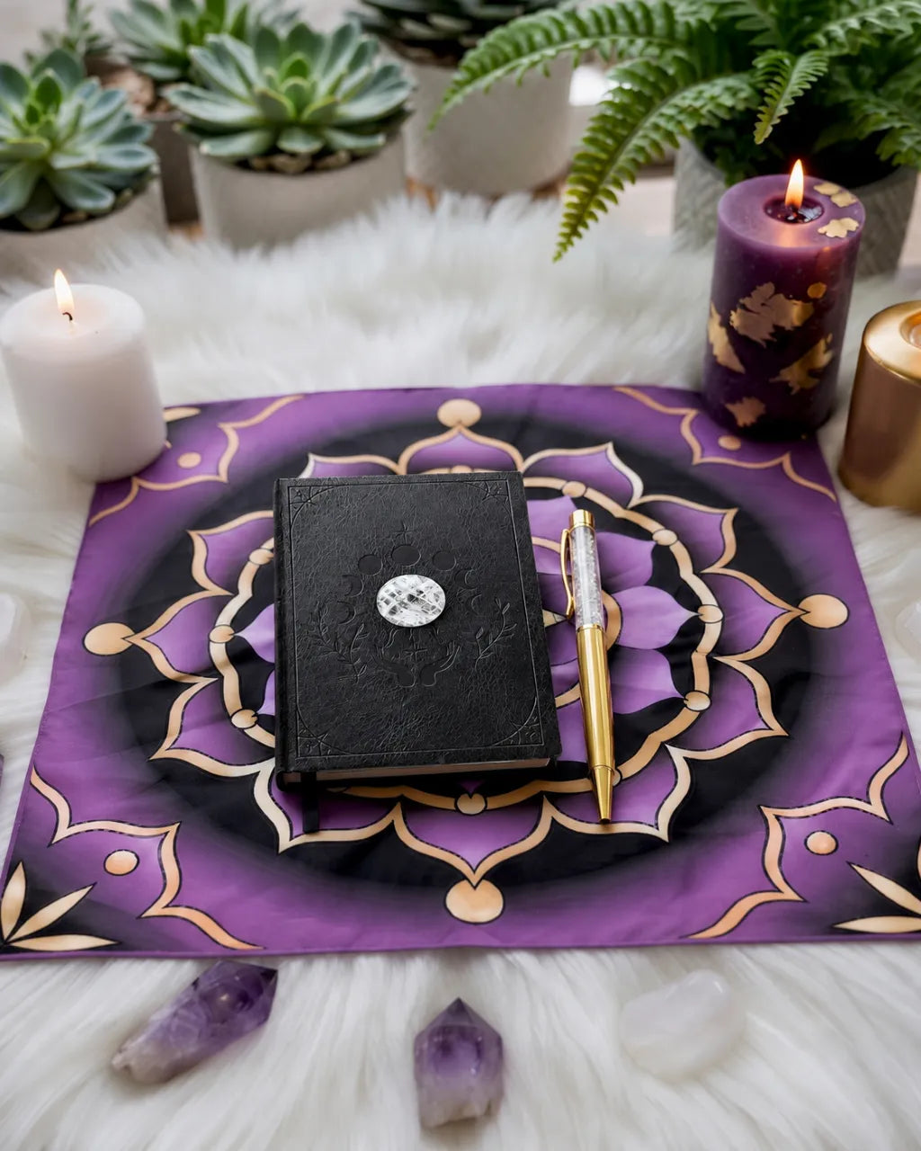Mystical Musings Journal with gold gemstone pen for spiritual journaling and intention setting