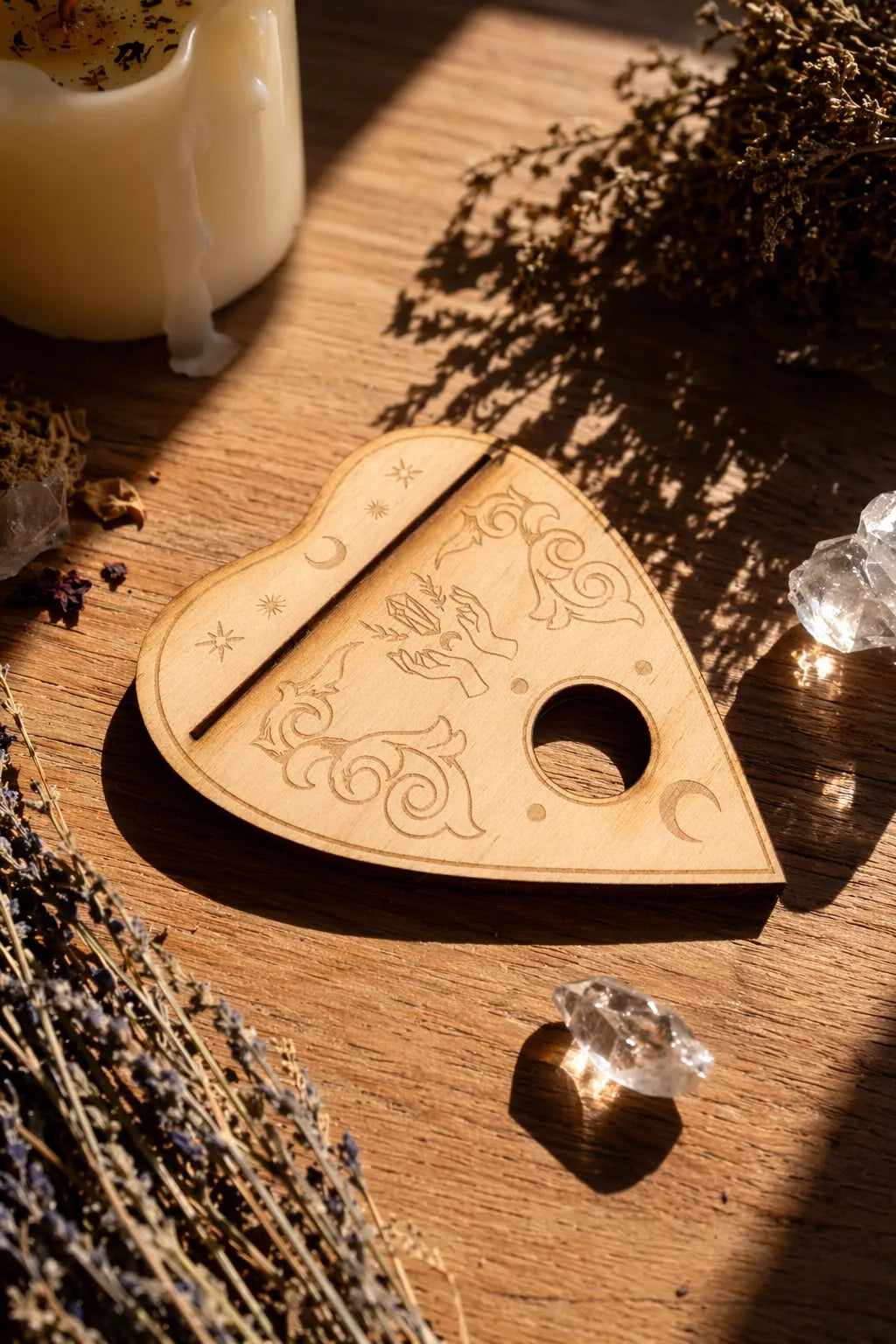 planchette oracle card holder with crystal sphere stand for altar, divination, and spiritual rituals
