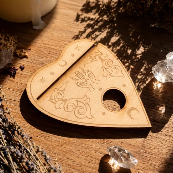 planchette oracle card holder with crystal sphere stand for altar, divination, and spiritual rituals
