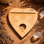 planchette altar tool for card display and crystal sphere used in spiritual and divination practices