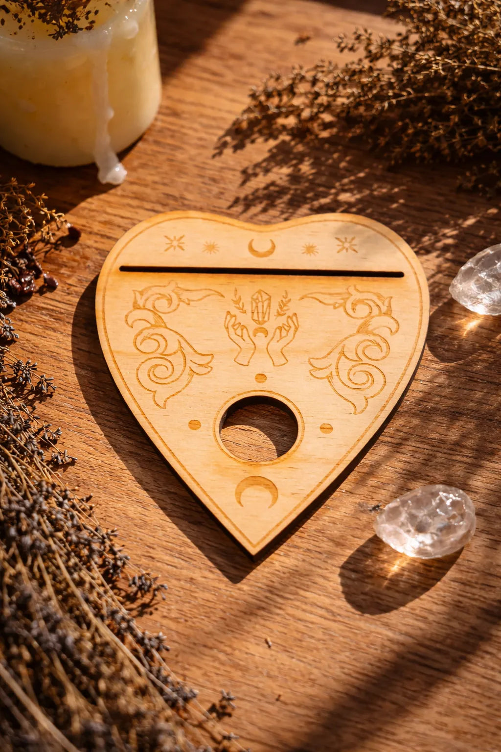 planchette altar tool for card display and crystal sphere used in spiritual and divination practices