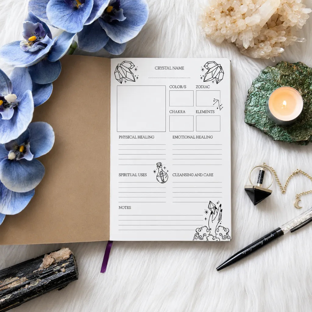guided crystal journal with pages for crystal healing, zodiac signs, cleansing methods, and personal notes