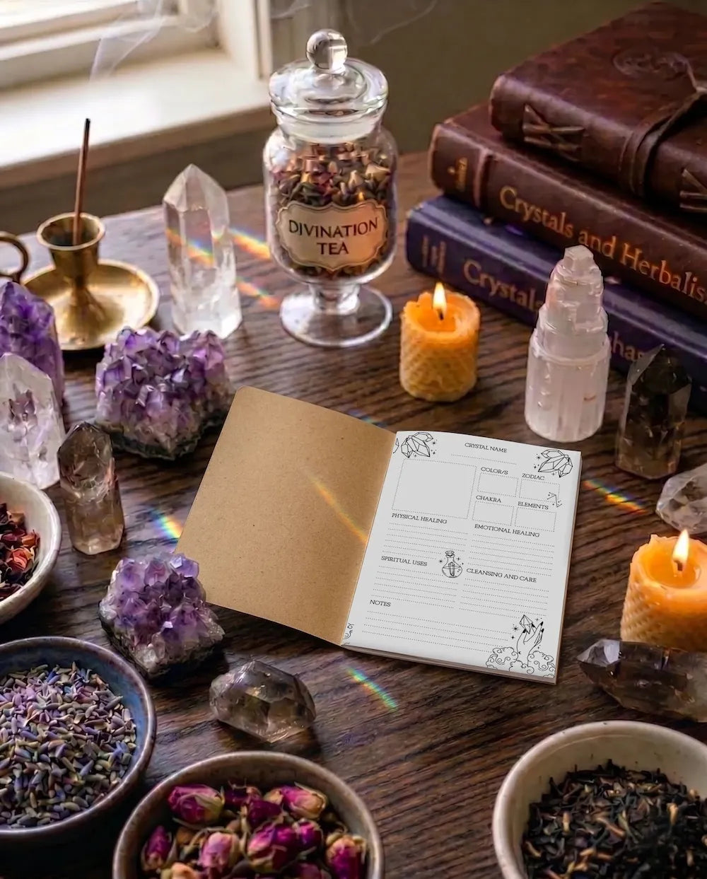 crystal reference notebook for documenting crystal meanings, chakra associations, and personal insights