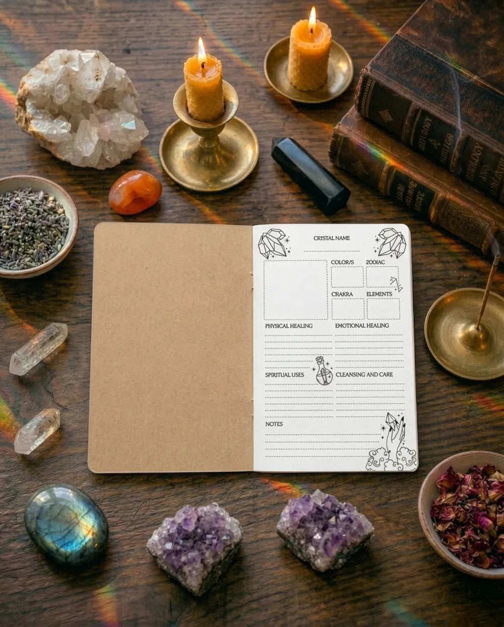 Pocket crystal notebook journal for recording crystal meanings, chakra notes, and spiritual reflections