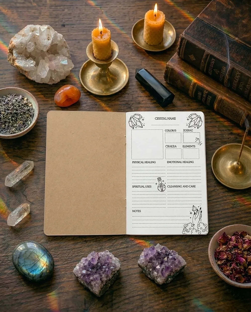 portable crystal journal for recording gemstone properties, spiritual practices, and meditation notes
