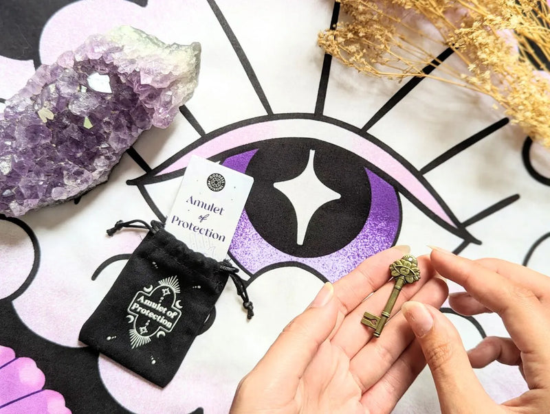 Spiritual protection subscription box with magical ritual tools and crystals arranged for altar styling.