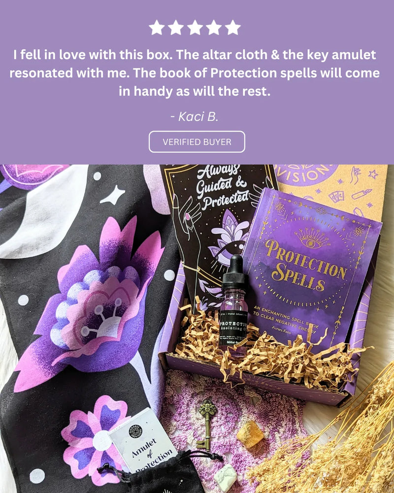 Five-star customer review praising the Protection Box for its beautiful variety of spiritual tools and crystals.