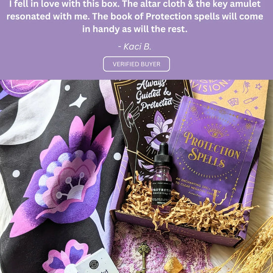 Five-star customer review praising the Protection Box for its beautiful variety of spiritual tools and crystals.