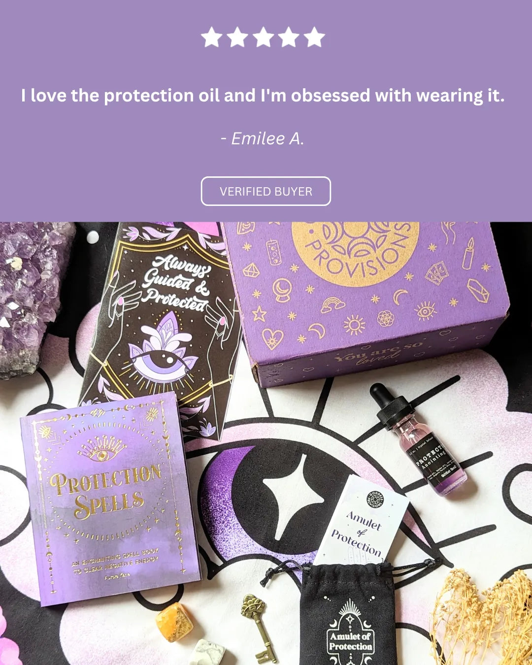 Positive review highlighting the quality, presentation, and magical energy of the Protection Goddess Provisions Box.